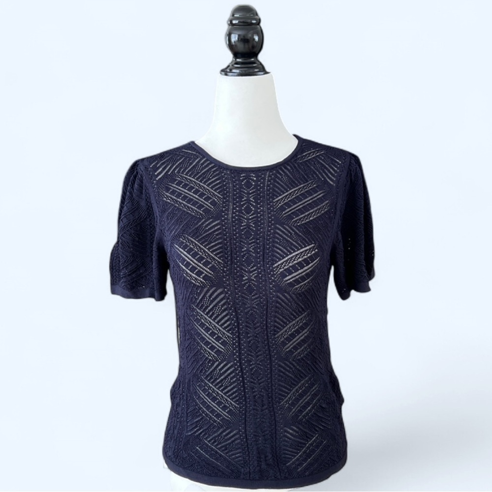 Witchery Women’s Navy Blue Garden‎ Girl Preppy Prep Sheer Puff Sleeve Top Small